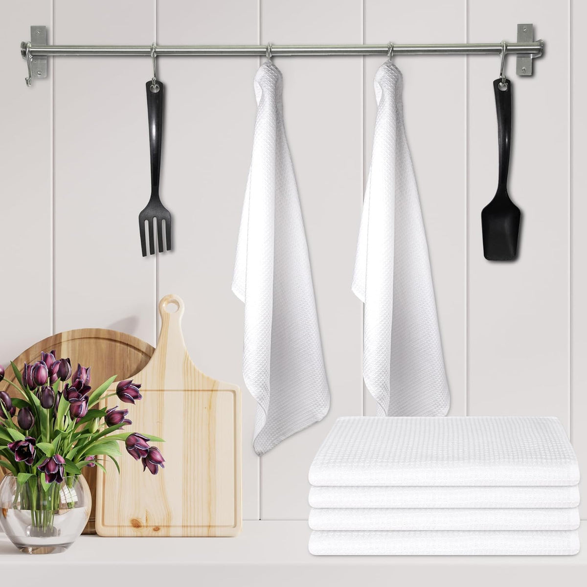 Kitchen Towels Set of 6 Soft Premium Cotton Highly Absorbent Dish Towels 18x28 Inches, Washable & Reusable Tea Towel, Quick Drying Dish Cloths with Hanging Loop - White Solid