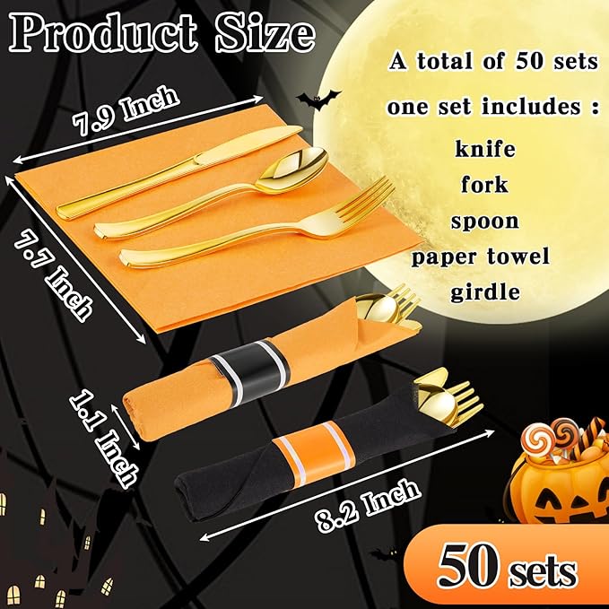 Lasnten 50 Pcs Pre-rolled Halloween Plastic Silverware Set Gold Disposable Plastic Cutlery Set with 50 Orange Black Napkins, 50 Knives, 50 Forks and 50 Spoons for Halloween Parties