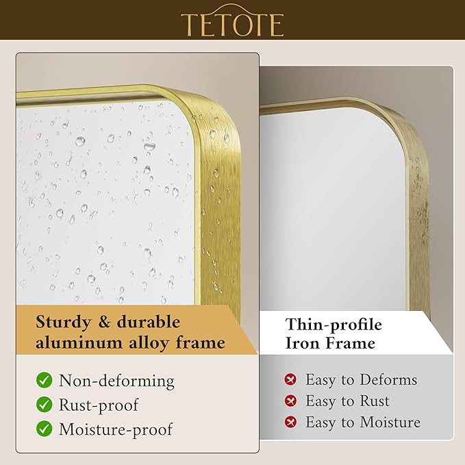 TETOTE 48 x 36 Inch Gold Bathroom Mirror, Champagne Gold Brushed Metal Framed