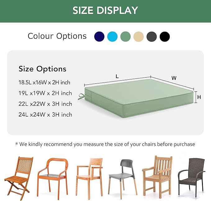 Outdoor Chair Cushions Set of 6: Waterproof & Fade Resistant Seat Cushion for Patio Furniture - 18.5 x 16 x 2 Inch Chair Pads with Ties and Hidden Zipper - Patio Chair Cushion Replacement, Sage Green