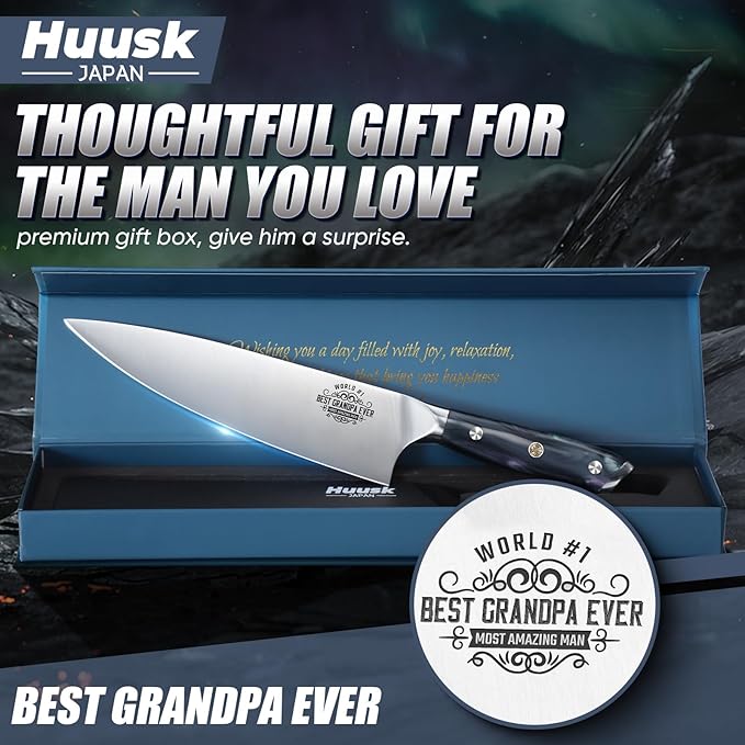Huusk Birthday Gifts for Grandpa, Chef Knife for Kitchen, 8" Stainless Kitchen Knife with Resin Handle, Grandpa Birthday Gift, Full Tang Cooking knife, Best Grandpa Gifts with Gift Box