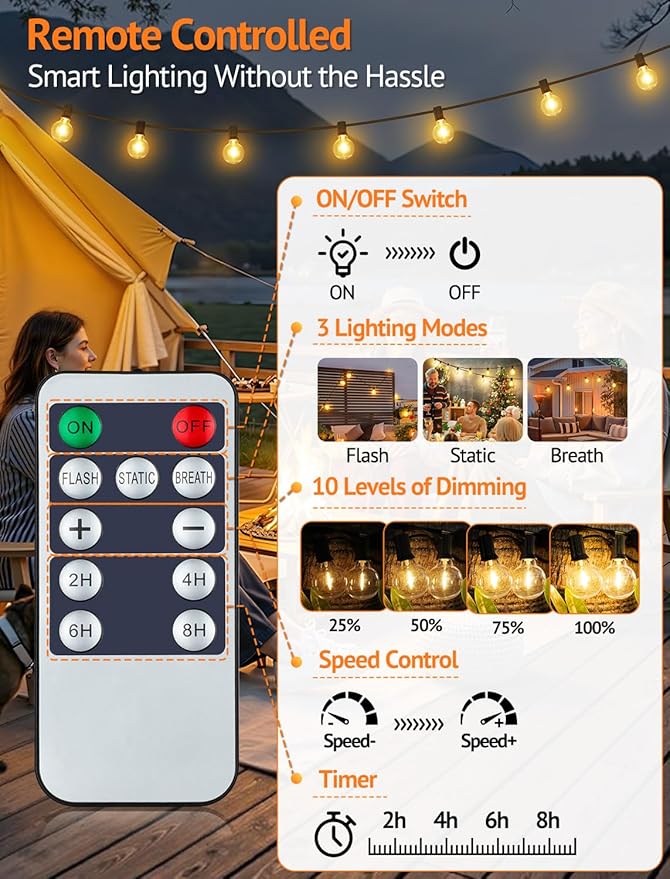 25FT Solar String Lights Outdoor with Remote, Waterproof Dimmable 3 Modes Patio Lights with 10+1 LED Shatterproof G40 Bulbs for Backyard-Black