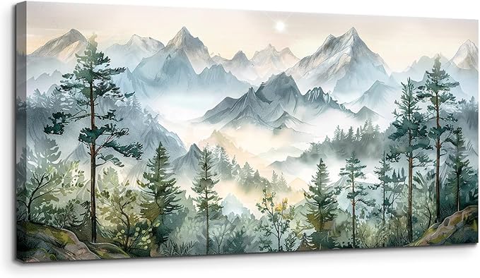 SERIMINO Large Canvas Wall Art for Living Room, Mountain Forest Landscape Canvas Prints Paintings, Nature Scenery Wall Decor, Green Modern Home Bedroom Bathroom Pictures Home Decor 30"X60"