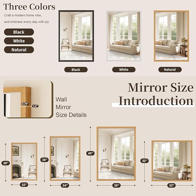Syndra Natural Wood Frame Bathroom Mirror, 30x40'' Modern Vanity Mirror