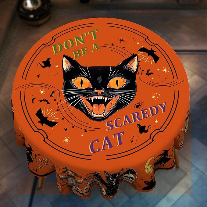 Eikione Round Tablecloth 60inch, Halloween Tablecloth Cat Waterproof and Wrinkle-Free, Table Covers, Summer Decorations for Home Dining