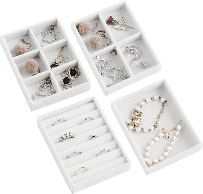 Frebeauty Small Jewelry Tray Set,Stackable Velvet Jewelry Organizer Tray,Mini Jewelry Drawer Organizer,Drawer Inserts,4.92 x 3.74 x 0.9 Inches,Earring Organizer for Women(Set 4,White)