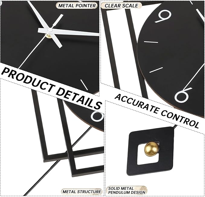 Wall Clock with Pendulum, Silent Quality Quartz Battery Operated, Modern Large