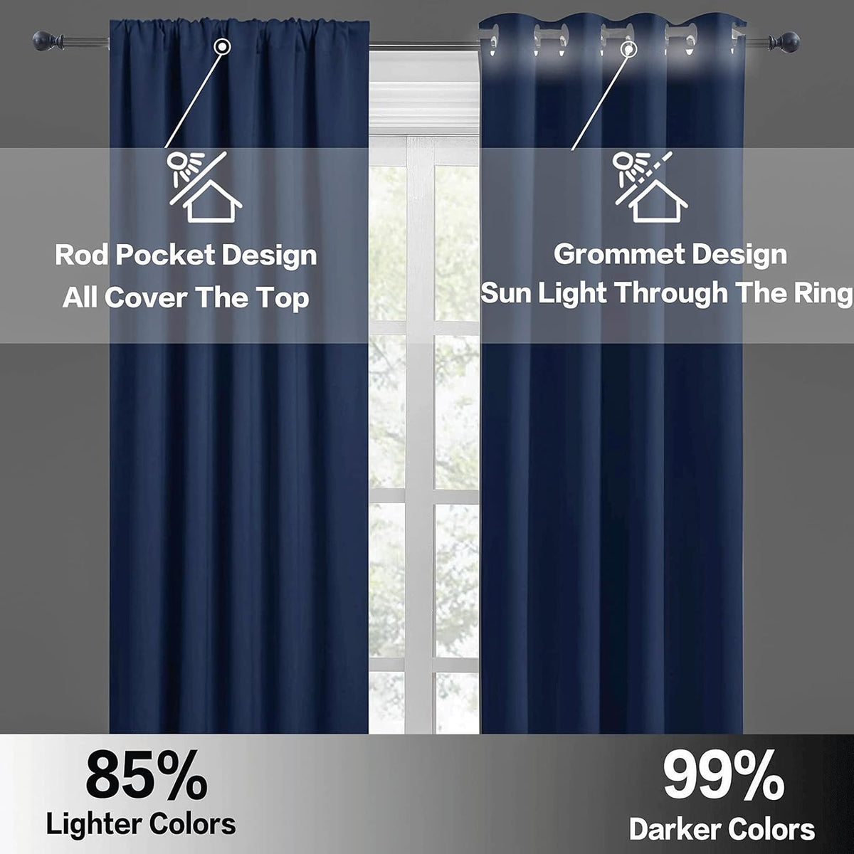 RYB HOME Blackout Curtains for Bedroom - Light Block Insulating Privacy Solar Curtain Set for Kitchen Living Room Home Theater Basement, 42 x 45 per Panel, Navy Blue, 2 Pcs
