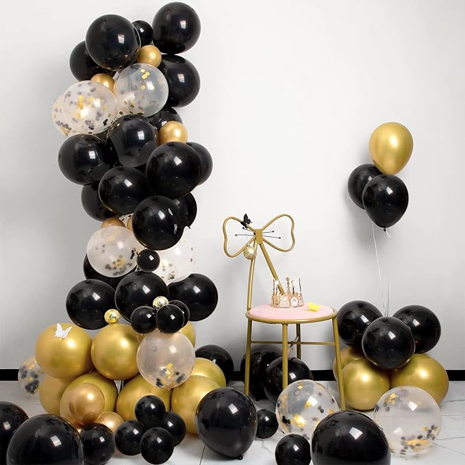 Patimate Black Gold Confetti Balloons Set, 50 pcs 12 inch Metallic Gold Black Confetti Latex Balloons Kit for Birthday Wedding Graduation New Years Anniversary Party Decorations