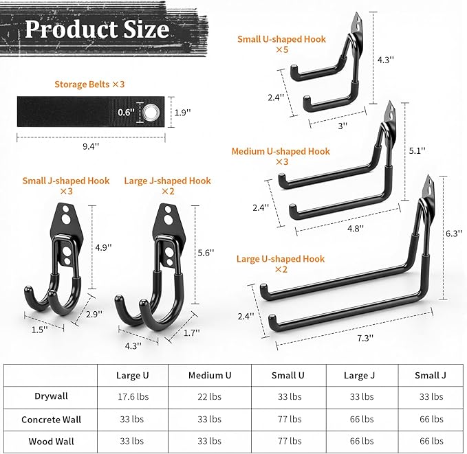 Housolution Steel Garage Hooks - 18Pack Anti-Slip Coating, Heavy Duty Wall Mount Hooks for Bikes, Garden Tools, Ladders, Hose, Bulk Items Ropes, Garage Tool Organizer with Extension Cord Wrap, Black