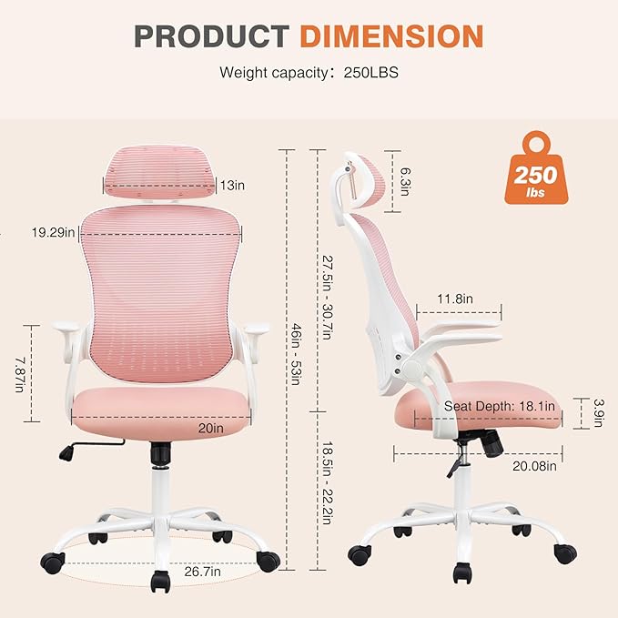 Sweetcrispy Home Office Managerial Executive Chair, High-Back Mesh with Adjustable Headrest, Flip-up Armrest Comfortable Lumbar Support, Comfy Arms for Bedroom,Study,Student