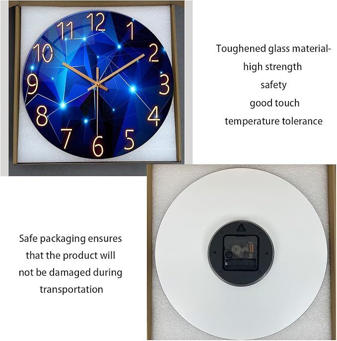 Blue Wall Clock Battery Operated 14 Inch Modern Wall Clock Non Ticking Glass