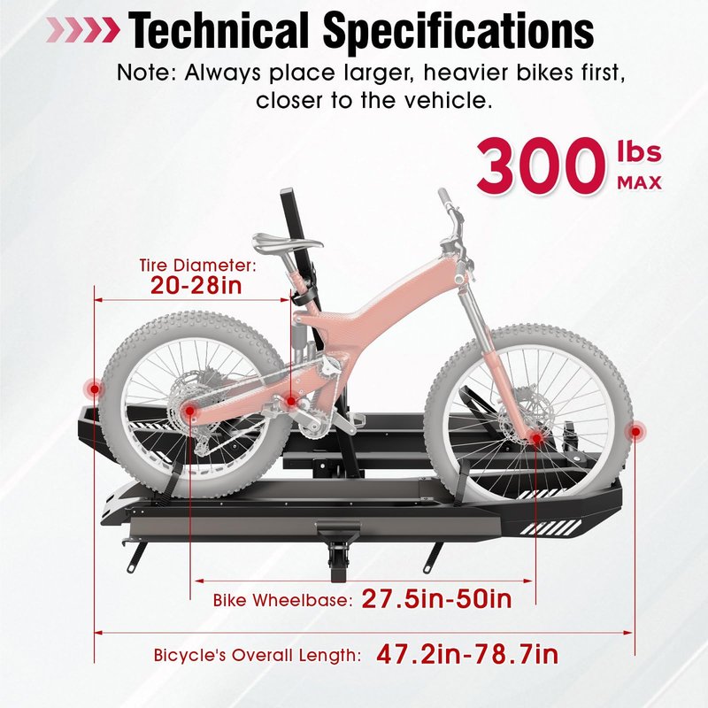 Tekmira Ebike Rack with Ramp, Foldable Bike Rack for Tow Hitch, Heavy Duty Bike Carrier for 2 Fat Tire Bikes with 300LBS Load Capacity - Fits SUV, Truck, Trailer, RV-Gray