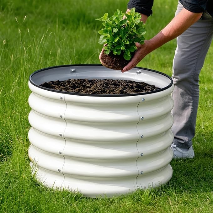 SnugNiture Raised Garden Bed, 2×2×1.5ft Round Galvanized Outdoor Planter Box, 17" Tall Deep Metal Garden Bed Kit for Planting Vegetables, Fruits, Flowers, White
