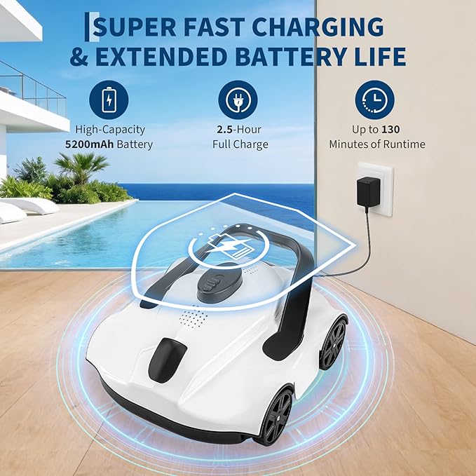 Robotic Pool Cleaners Cordless Robotic Pool Cleaner for Above Ground Pools - 130 Min Runtime, Self-Charging, Cleans Up to 860 Sq Ft, Lightweight & Portable Design