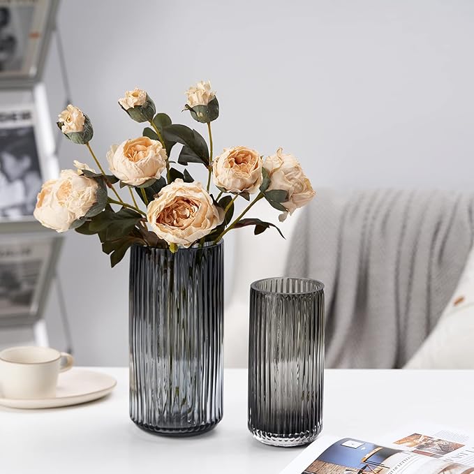 Flower Vase 7.5 inch Grey Thickened Hand Blow Glass Vase Round Vintage Striped Bottles for Bookshelf,Dinner Table,Indoor Office Desktop,Meeting Room,Bathroom,Countertop,Home