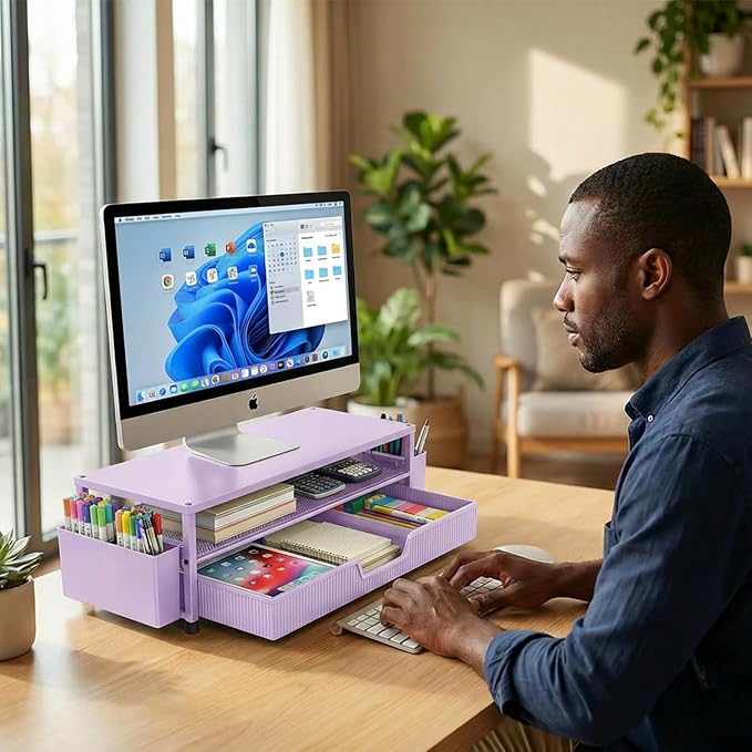 Desk Organizer and Accessories, 2-Tier Computer Monitor Stand Rise with Storage Drawer & 2 Pen Holders, Laptop & Printer Stand for Desktop, Workspace Organizers for Office Supplies (Purple)