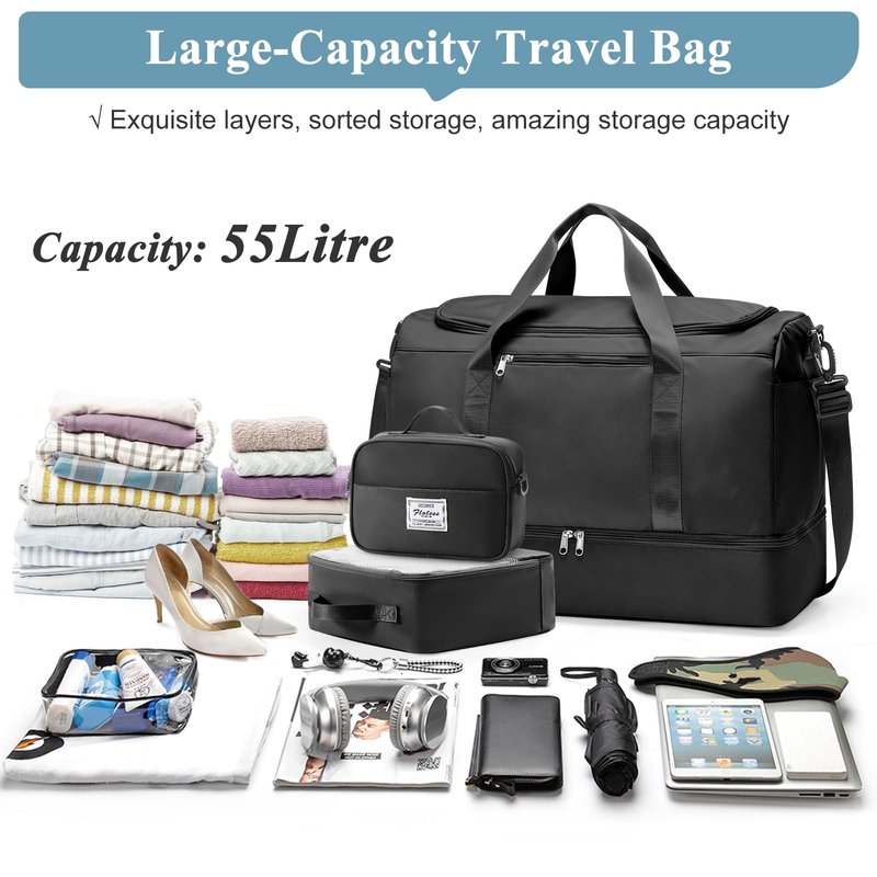 Extra Large Travel Duffle Bag,Carry on Overnight Weekend Bag with Shoes Compartment,Weekender Bags for Women for Travel Business Trips Sport Hospital,3 Pcs Set,Black