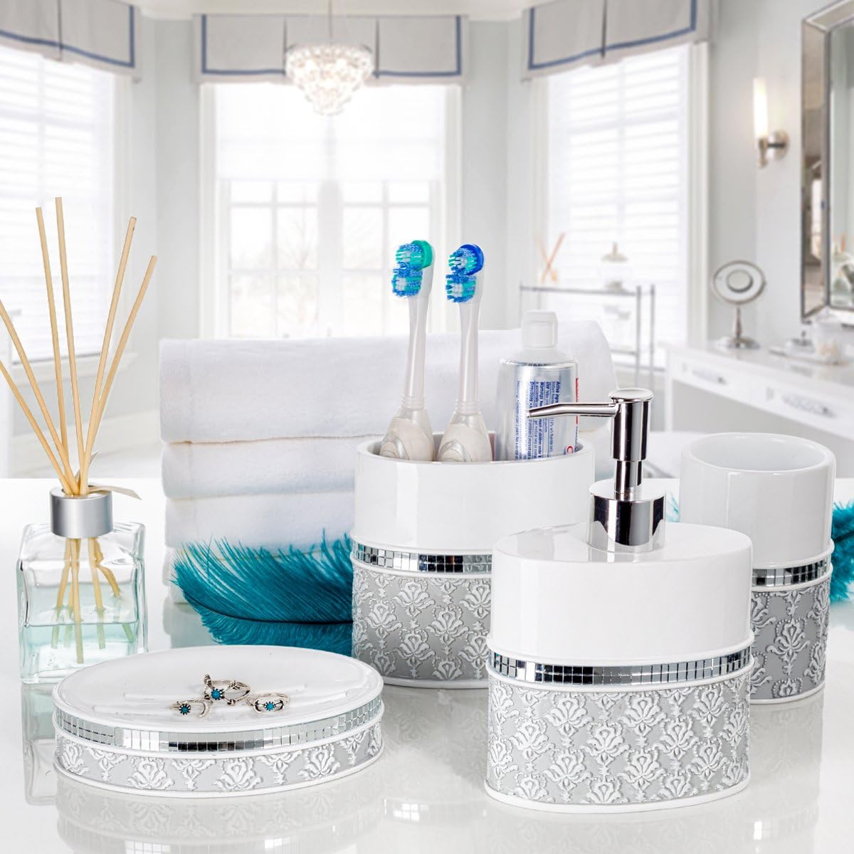 Creative Scents Mirror Damask Bathroom Cup - Electric Toothbrush and Toothpaste Holder for Bathroom, Gray & White Tooth Brush Holder Tumbler Cup for Toothbrushes, Toothpaste, Makeup Brushes or Rinsing