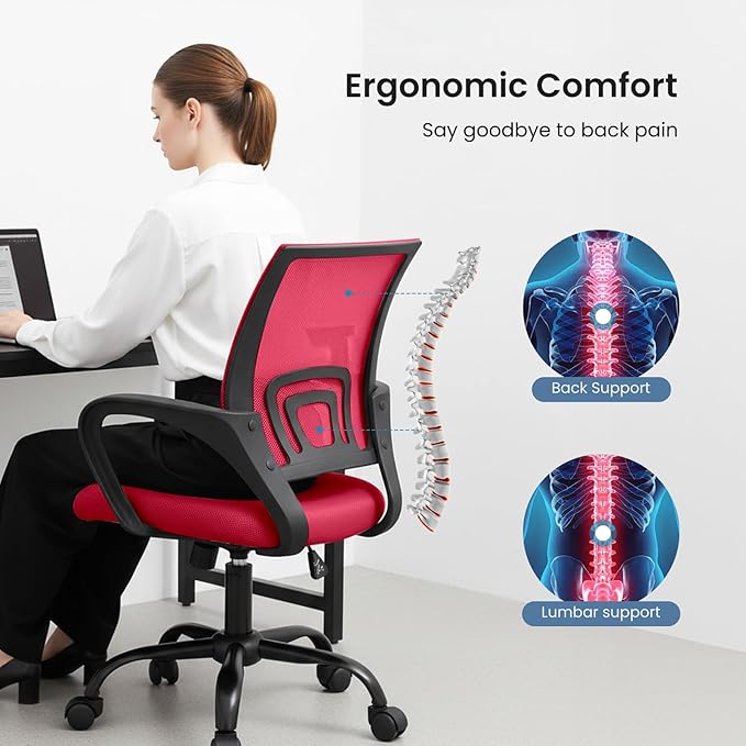 DUMOS Home Office Chair - Ergonomic Mid Back Mesh Desk Chair with Lumbar Support & Rocking Mode, Height Adjustable with Fixed Armrest, for Computer, Gaming, Meeting, Red, 2 Pack