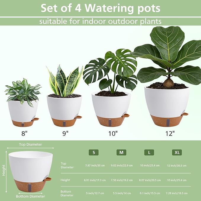 Self Watering Planters Set with Water Level Indicator, 12" 10" 9" 8" Large Plastic Flower Pots with Mesh Drainage Hole and Removable Saucer Reservoir for Indoor Outdoor Plants (White)
