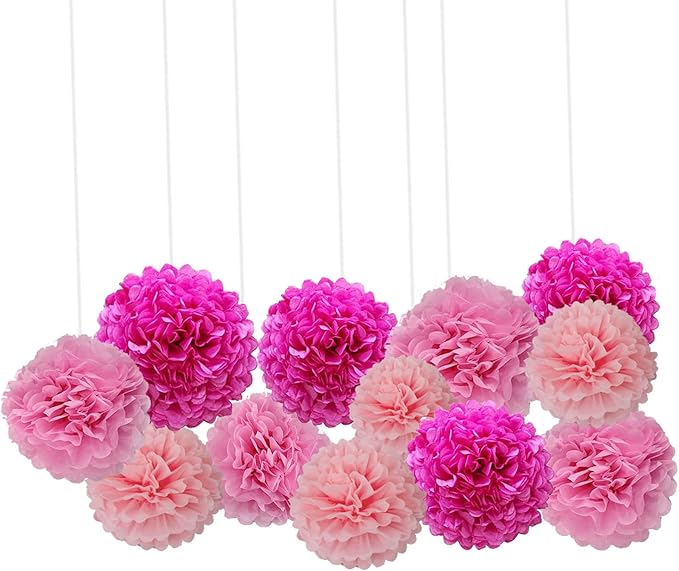 We Moment Hot Pink and Light Pink Paper Pom Poms for Wedding Birthday Party Decoration - Ceiling Wall Hanging Tissue Flowers - 12pcs, 3 Colors of 12 Inch, 10 Inch