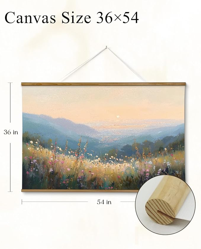VIYYIEA Extra Large Size Canvas Wall Art, 36x54 Inch Sunset Mountain Valley with Wildflowers Scroll Painting, Oversized Landscape Wall Hanging for Living Room, Bedroom, or Cabin Decor