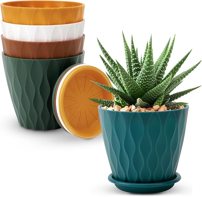 YNNICO 4 inch Plant Pots, 5 Pack Flower Pots Outdoor Indoor, Planters with Drainage Holes and Tray Saucers (Multicolor)