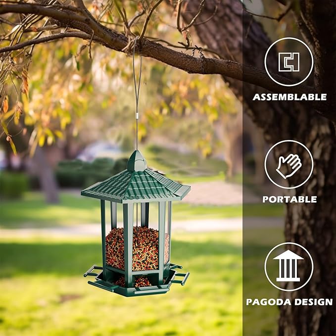 Birdream 4 Pack Bird Feeders for Outdoor Hanging, 10 LB Fun Installation Retro Pagoda Design Bird Feeder, Attracting Wild Birds Chickadees Goldfinches Cardinals Finches and Sparrows (Green)