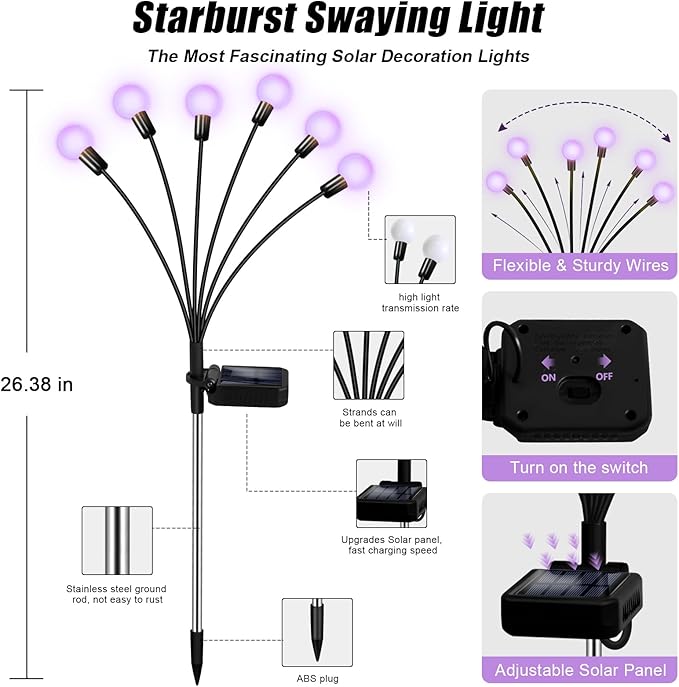 NBQQ Solar Garden Lights Outdoor, Waterproof Solar Powered Lights for Yard Pathway Patio, Swaying Lawn Decor as Gardening Gifts for Women Holiday (Purple, 6 Pack)