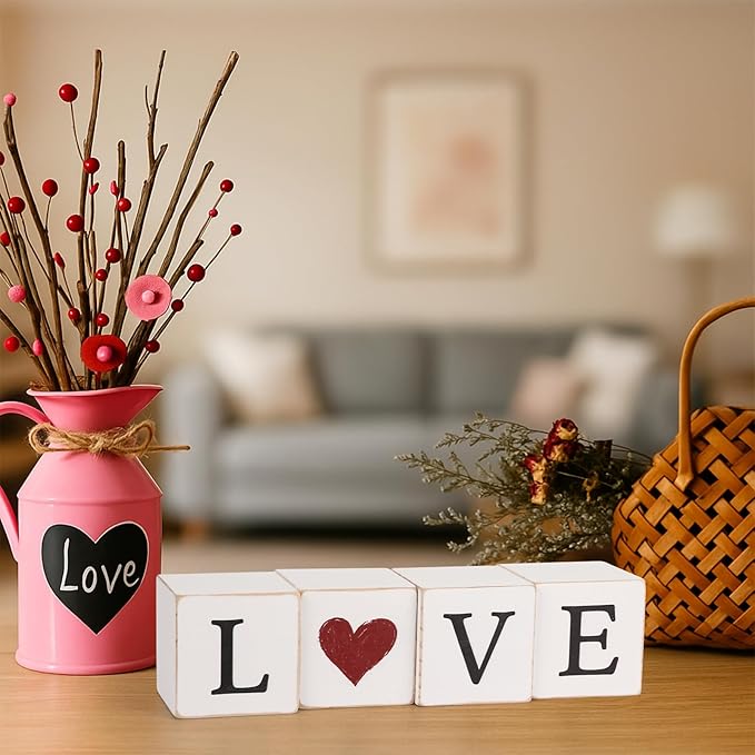 4pcs Reversible Valentines Day St. Patrick's Day Decorations Rustic Love Luck Wooden Blocks Tiered Tray Decor Love Sign Tabletop Centerpieces for Anniversary Home Mantle Shelf Party Supplies