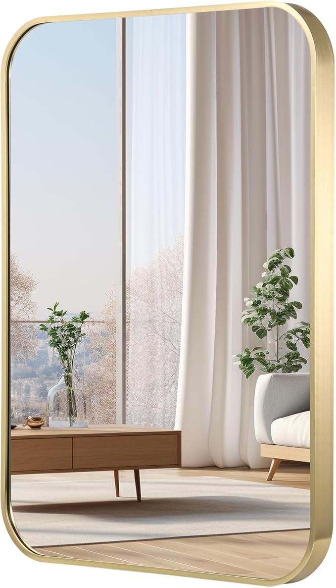 40x30 Inch Gold Bathroom Mirror, Brushed Gold Metal Framed Rectangular Mirror