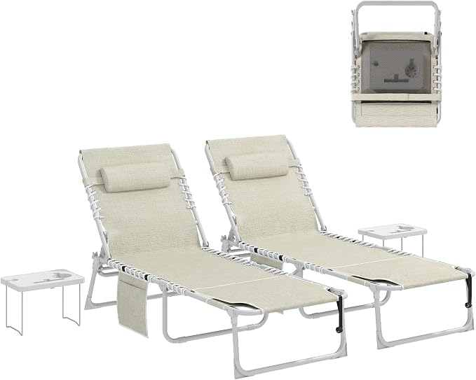 Outsunny Tanning Chair Set of 2 with Face Hole, Side Table, 5-Position Reclining Folding Chaise Lounge Chair Outdoor Lounger Recliner, Carry Straps for Beach Pool Camp, Breathable Mesh, Beige