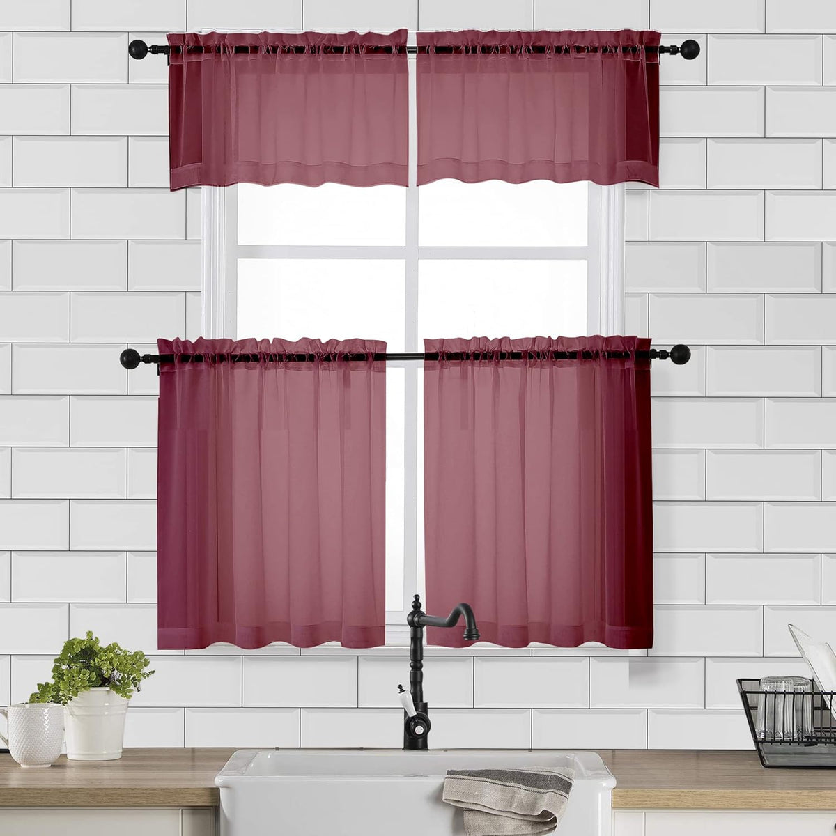 Chyhomenyc Sheer Tier Curtains 24 Inch Length, Small Cute Window Curtains Treatment for Bathroom Living Room Cafe Basement, Short Voile Curtain Tiers 42in x 24in, Rod Pocket, 2 PCS,Burgundy