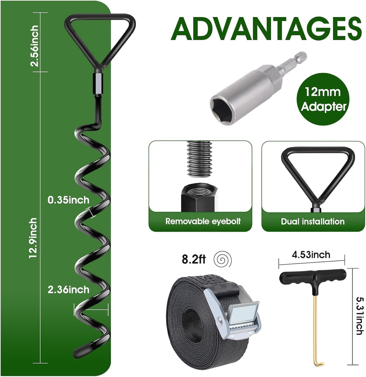 Skiennix Trampoline Ground Anchors - Heavy Duty Screw-In Stakes with Strong Straps | Black, 6-Pack