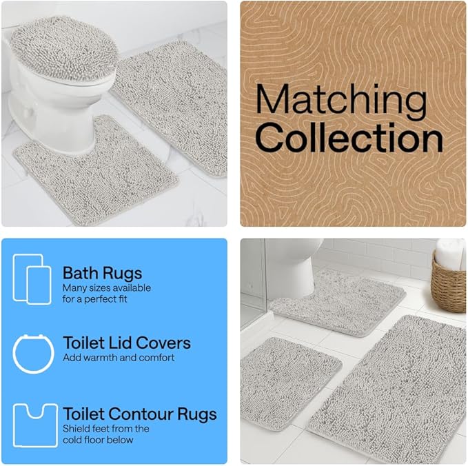 GORILLA GRIP Plush Absorbent Shaggy Chenille Bath Rug Mat for Square Toilet Base with Rubber Backing, Machine Washable Rugs, Soft Microfiber Contour Mats for Toilets, Bathroom Decor, Lt Gray