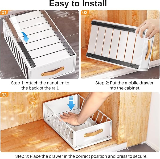 Pull out Cabinet Organizer Fixed with Adhesive Nano Film,Heavy Duty Slide out Pantry Shelves Drawer Storage,Sliding Mesh Basket with Handle for Kitchen, Bathroom,Home, 11.8W"X 15.7D"X6.2"H(2PCS)