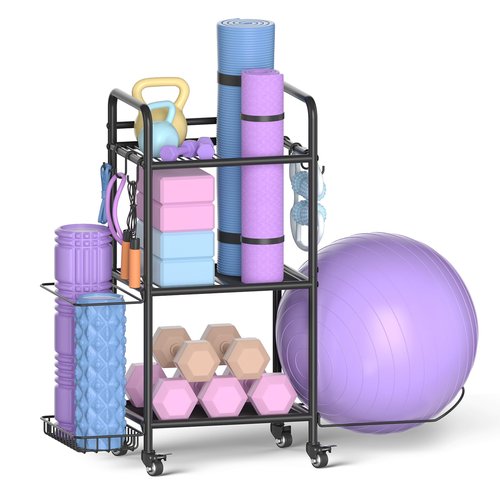 Home Gym Storage Rack Exercise Equipment Storage Organizer for Yoga Mat Dumbbells Kettlebells Foam Roller Yoga Strap & Resistance Bands, Ideal Yoga Mat Holder & Workout Equipment Organizer