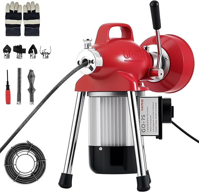 Portable Drain Cleaner Machine with 66FT x 5/8" & 16FT x 3/8" Steel Cables, 7 Cutters, Electric Sewer Snake Drain Auger, 500w Power Drain Cleaner Machine, Auto Feed Pipe Snake for 3/4" to 4" Pipes