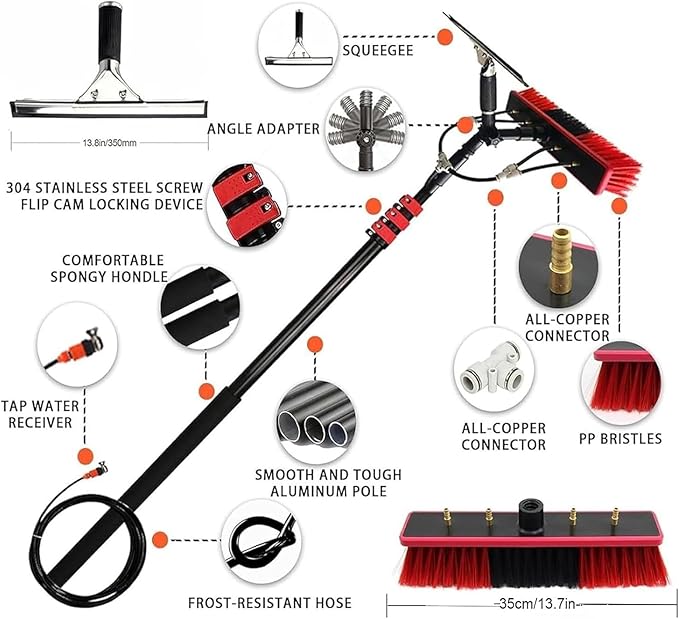 Telescopic Cleaning Brush, Multi-Purpose Water Spray Brush, Solar Panel Cleaning Equipment, Telescopic Hydrocleaner, 3.6m-10.8m, Roof Cleaning Tools Window Cleaner Kit(12FT/3.6M)