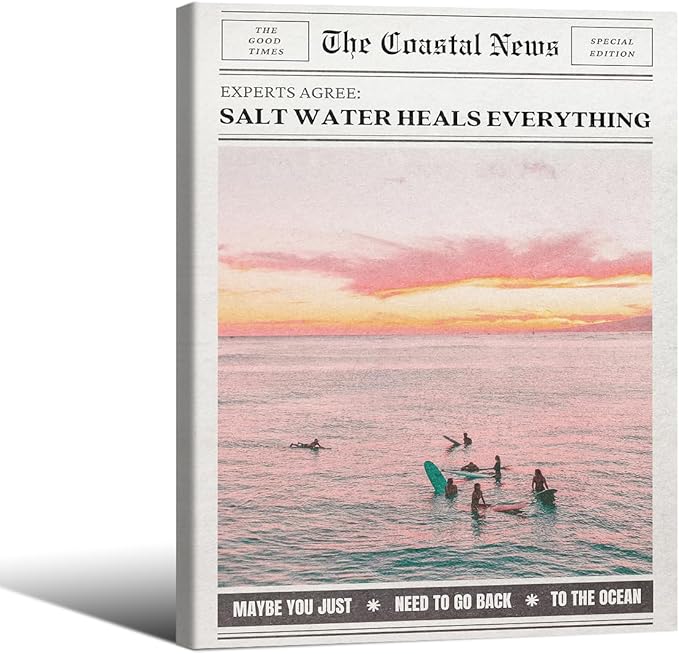 Pink Beach Newspaper Posters Vintage Fashion Coastal Girl Surf Wall Art 08x10