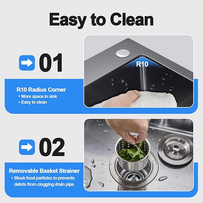 25x18x9 Inch Drop in Kitchen Sink, Handmade 304 Black Stainless Steel Single Bowl, Topmount with 2 Holes, R10 Tight Corner, for Modern Kitchen/RV/Outdoor Sink