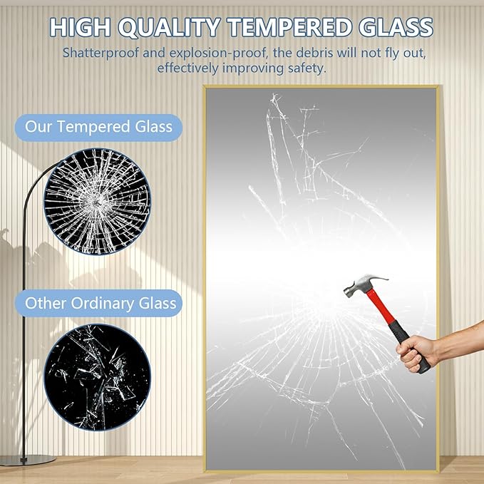 Large Mirror Full Length with Stand, Hanging or Wall Mounted, Tempered Glass