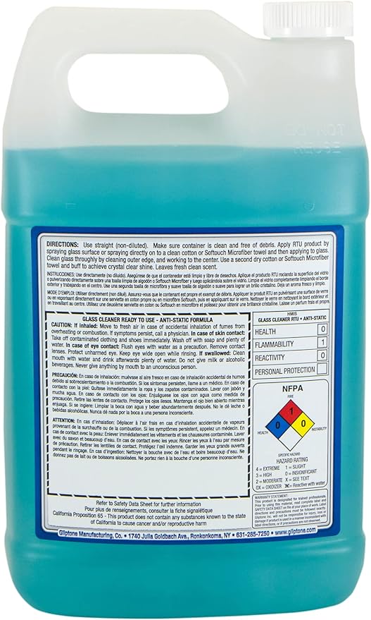 Gliptone Glass Cleaner, Ready-To-Use with Anti Static/Non-Streak Formula, Repels Lint & Dust. Safe for all Glass and Hard Surface Applications (1 Gallon)