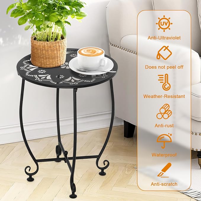 14 Inch Outdoor Side Tables for Patio, Weather Resistant Steel Patio Side Table, Small Round Outdoor End Table Metal Side Table for Patio Yard Balcony Garden Black (Color3-Flowers)