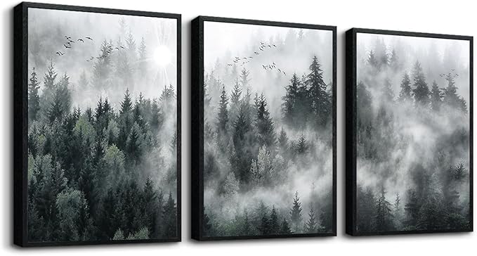 Canvas Wall Art for Living Room and Bedroom - Modern Foggy Forest Trees Landscape Painting - Office and Home Decor - Ready to Hang Black Framed Pictures