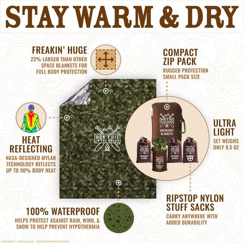 Don't Die In The Woods - Freakin’ Huge Emergency Blankets [4-Pack] Extra-Large Thermal Mylar Space Blankets with Ripstop Nylon Stuff Sacks + Carabiner Zipper Pack [Woodland Camo]