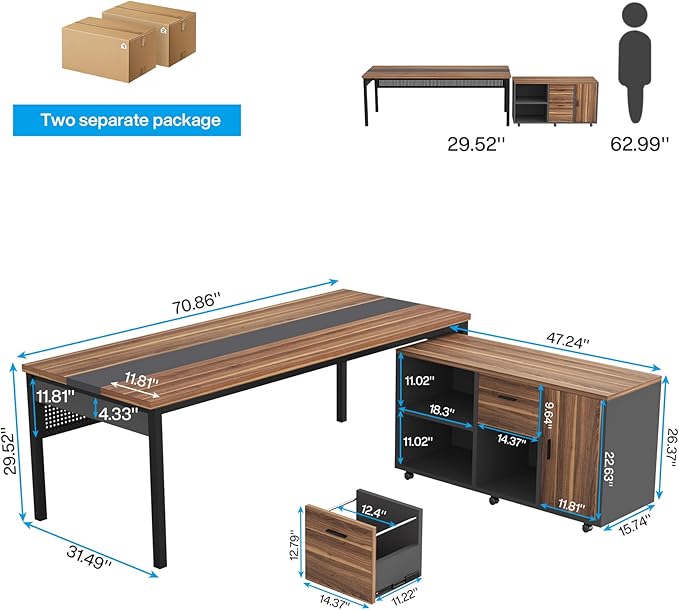 Tribesigns 71 inch Executive Desk, L-Shaped Desk with Mobile File Cabinet, Executive Office Table with 2 Drawers and Storage Shelves, Business Furniture Workstation for Home Office, Walnut and Black