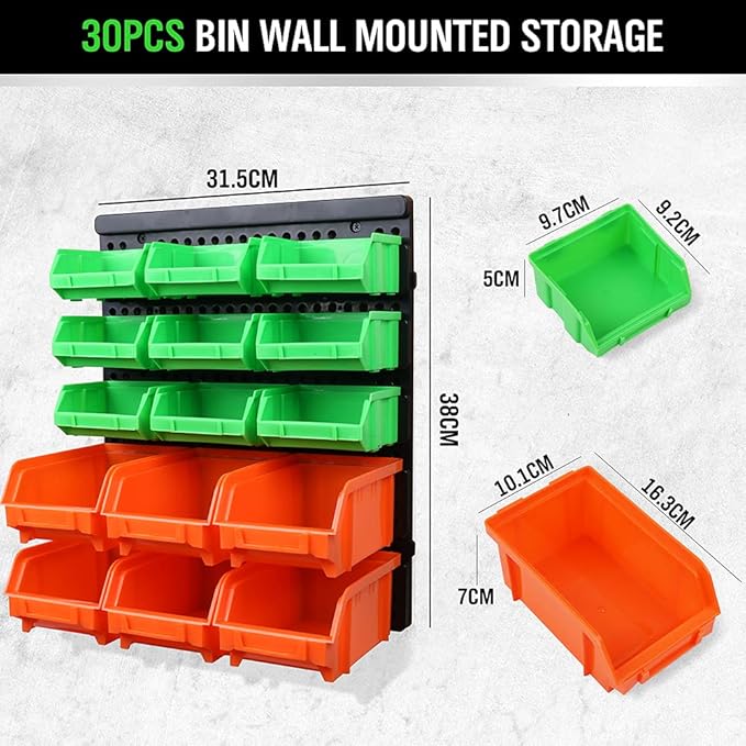 SWANLAKE GARDEN TOOLS 30-Bin Wall-Mounted Storage Bins, Heavy-Duty Garage Tool Organizer for Screws, Nuts, Bolts, Nails, Small Hardware Parts - Easy Installation and Customizable