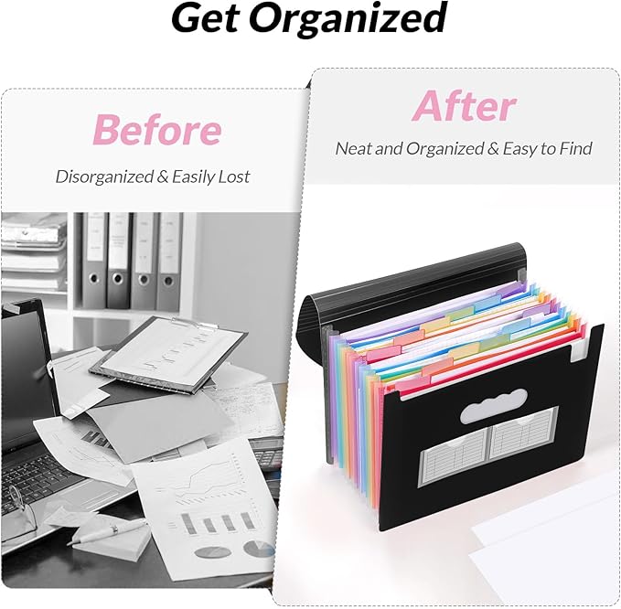SKYDUE Accordion File Organizer, Expanding File Folder with 13 Pockets, Portable Document Paper Bill Receipt Organizer, School Office Supplies, Letter A4 Size Black